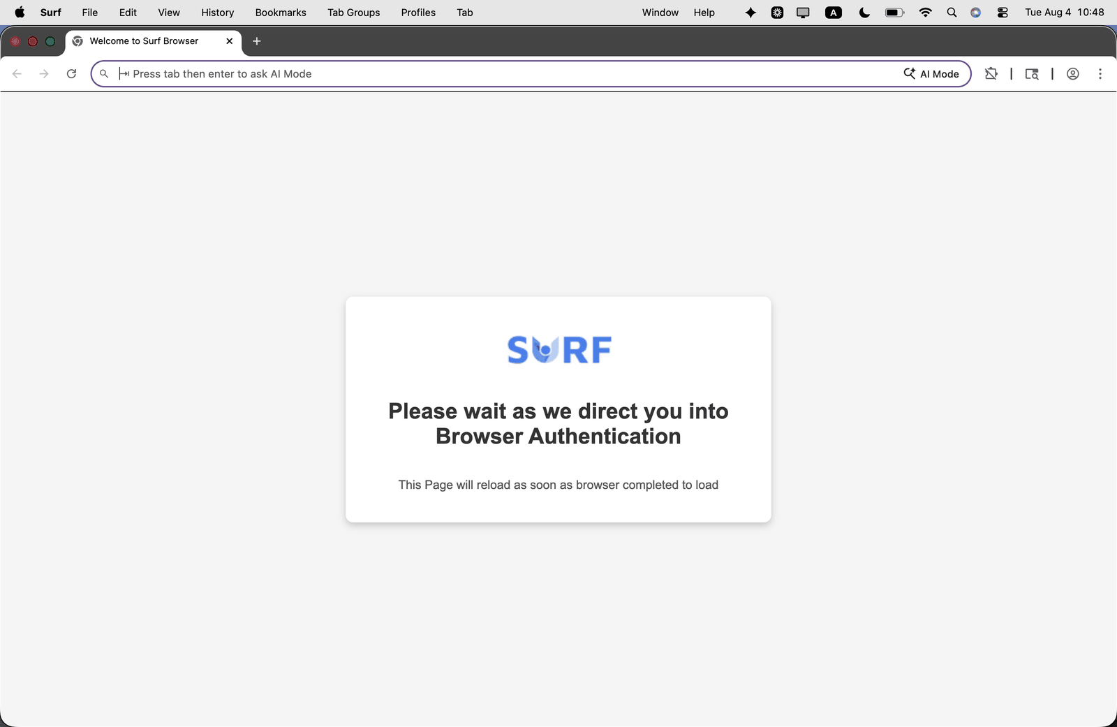 The SURF welcome screen shown on first launch, before browser authentication