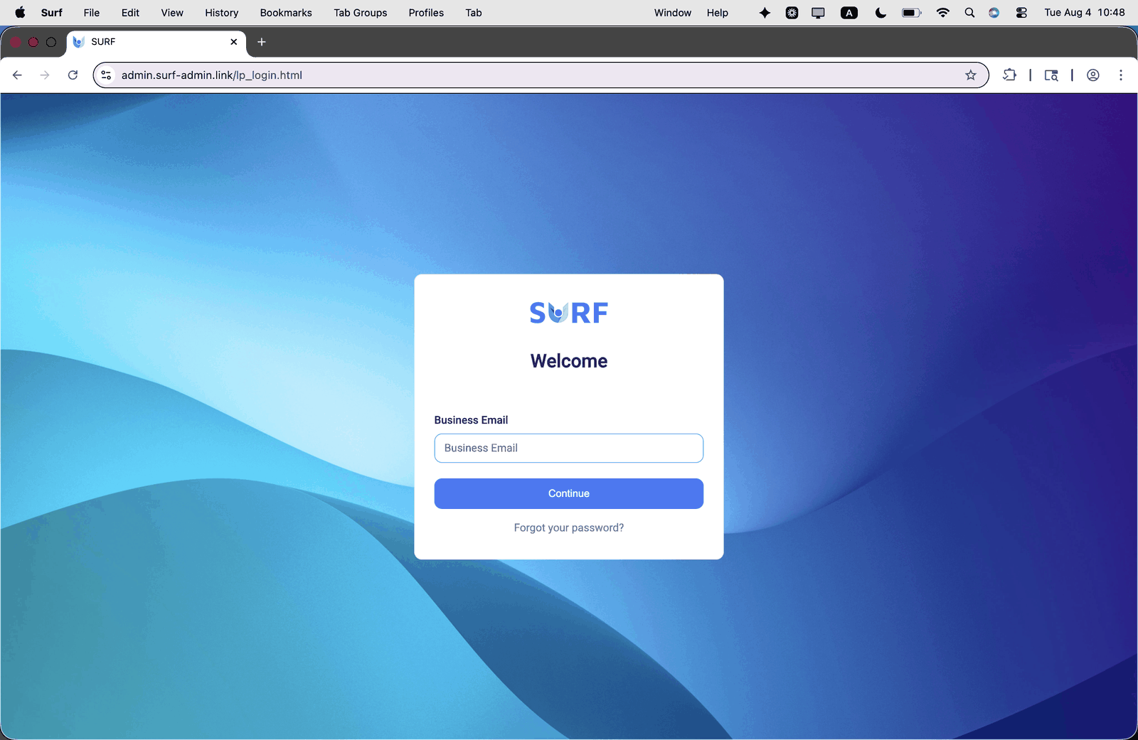 The SURF sign in screen prompting for your business email address